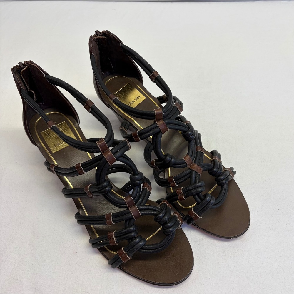 Dolce Vita Wedge Sandals‎ Womens 8 Black Brown Strappy Gladiator Boho Chic